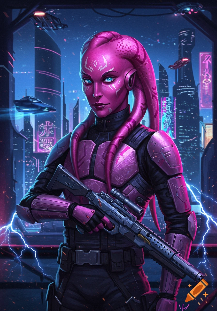 A pink-skinned alien woman in purple armor holds a rifle in a neon-lit cyberpunk city, with flying vehicles and lightning.