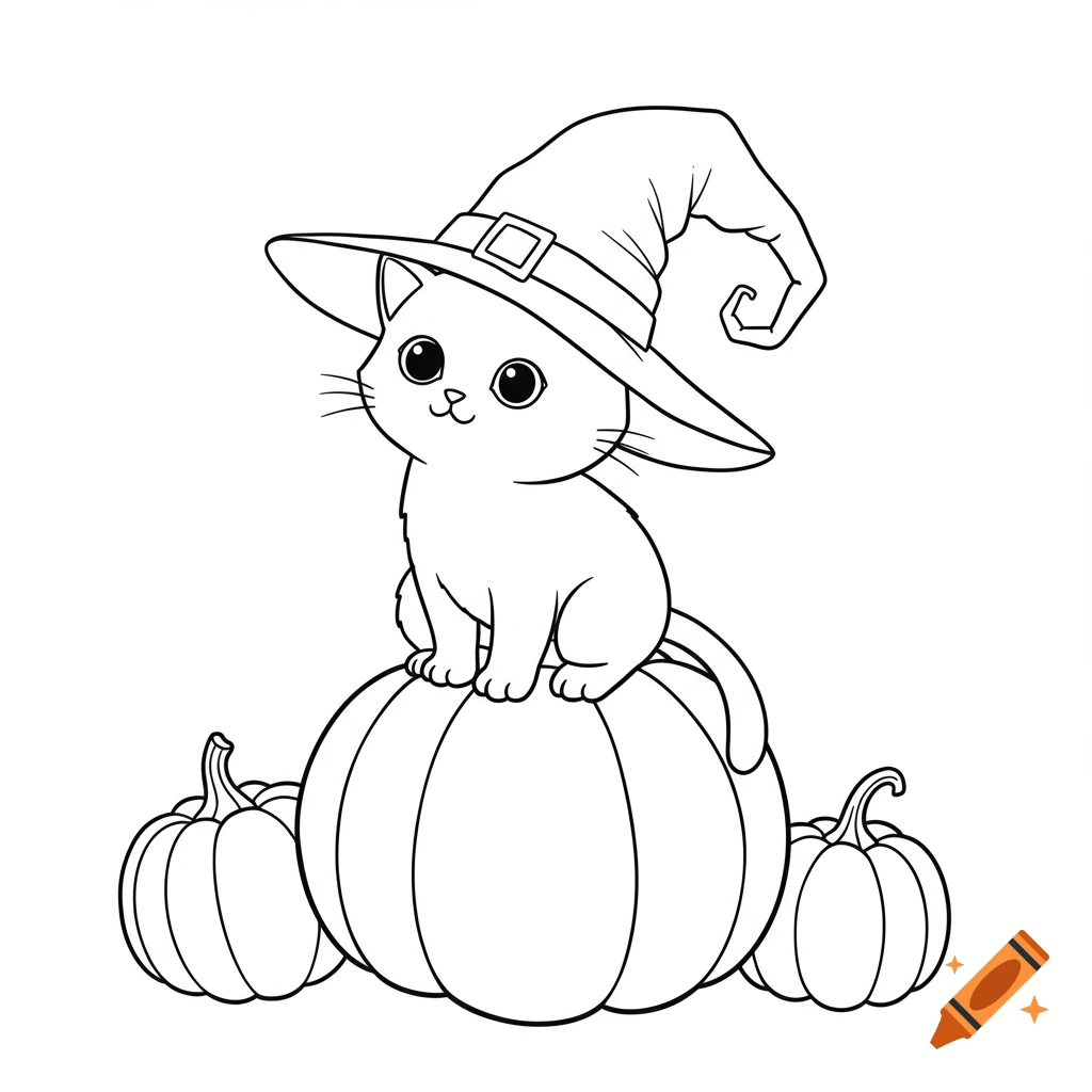 Black and white outline drawing of a cute kitten wearing a witch hat, sitting on a large pumpkin with two smaller pumpkins beside it.