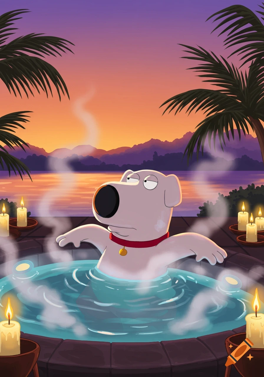 Brian Griffin from Family Guy relaxing in a hot tub at sunset with candles and palm trees in an animated style.