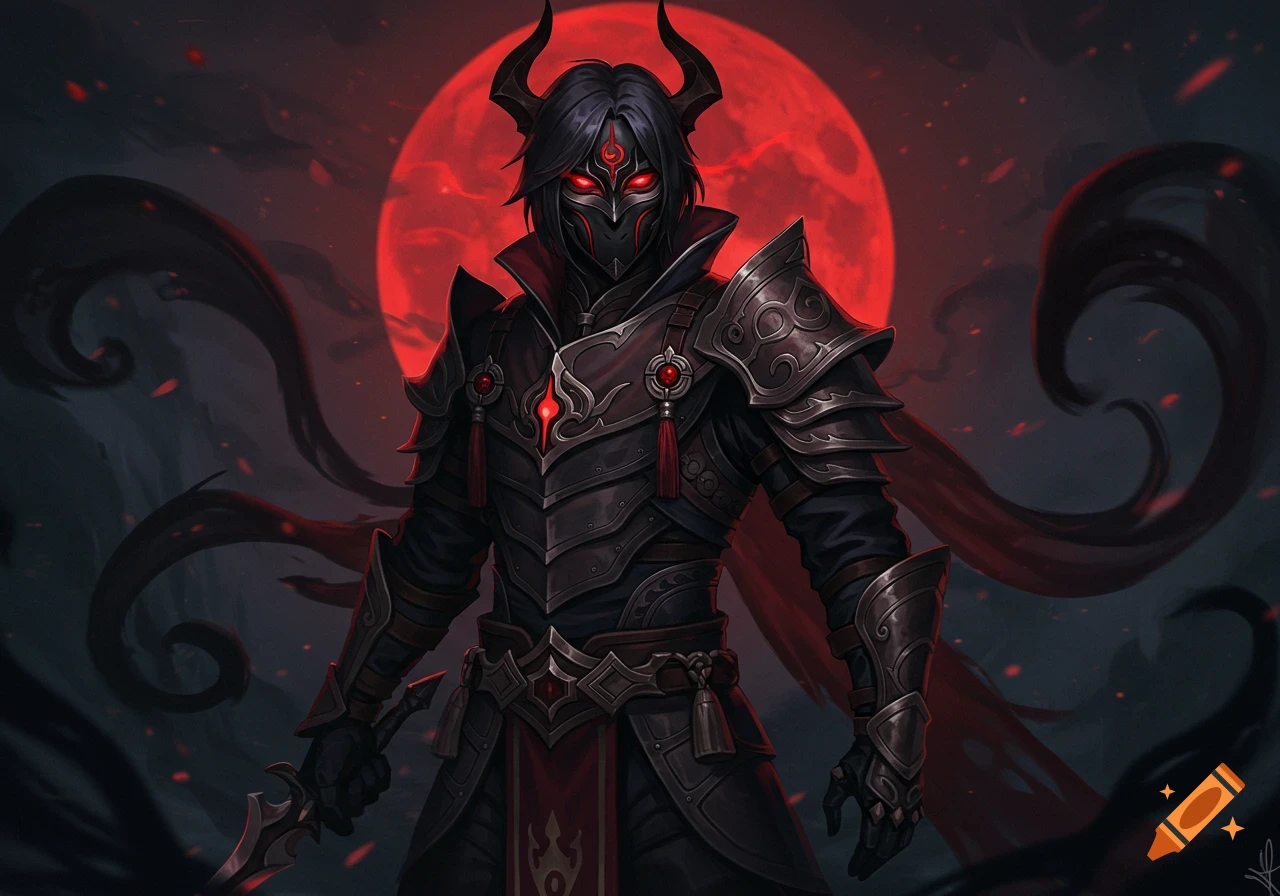 A male gothic assassin in dark armor with glowing red eyes and horns, set against a red moon in a dark fantasy anime style.