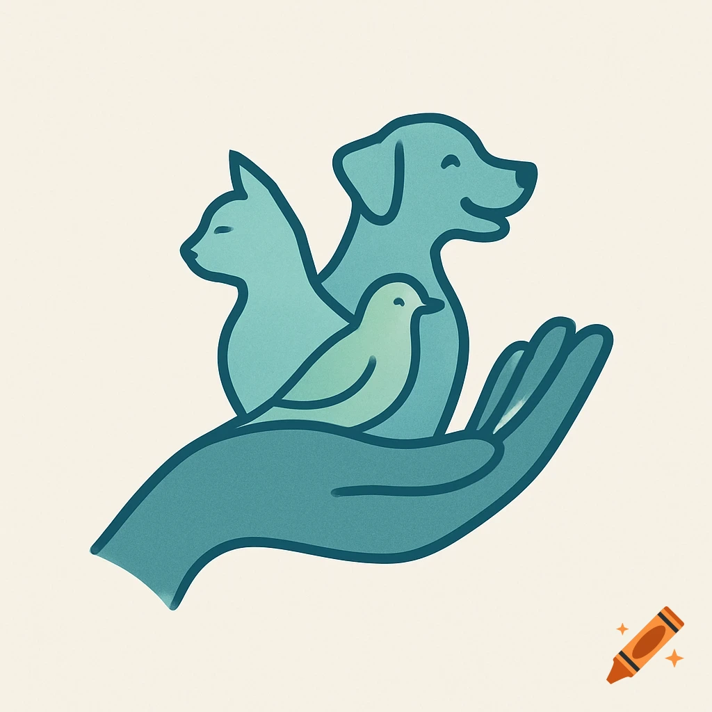 Stylized illustration of a human hand cupping a cat, a dog, and a bird in shades of blue and green.