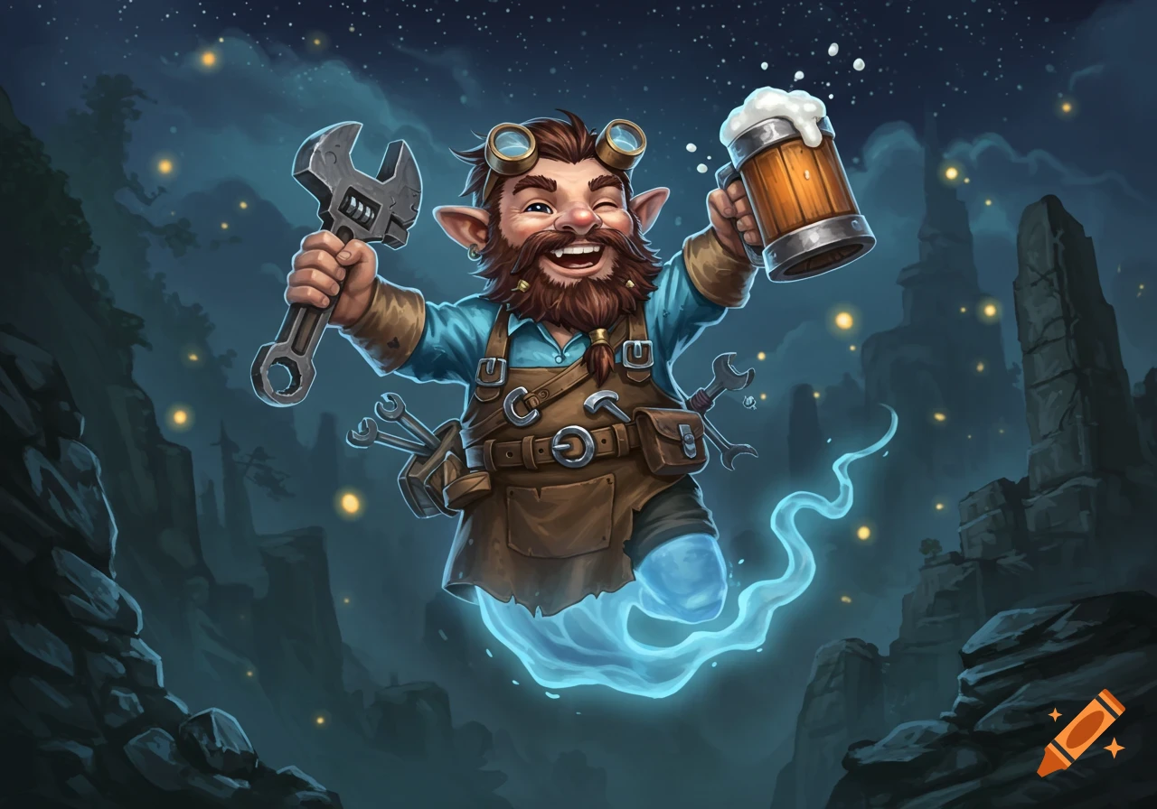 A happy, bearded halfling ghost floats in a moonlit ravine, holding a wrench and an ale mug, in a vibrant fantasy art style.