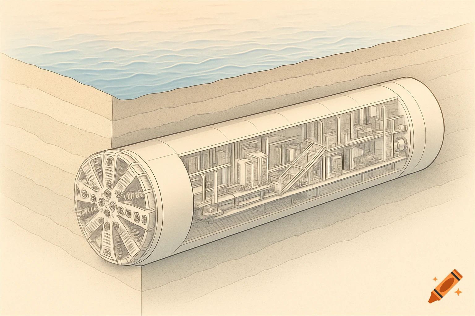 A 3D diagram shows a tunnel boring machine in a cross-section, digging under a body of water, revealing its internal structure.