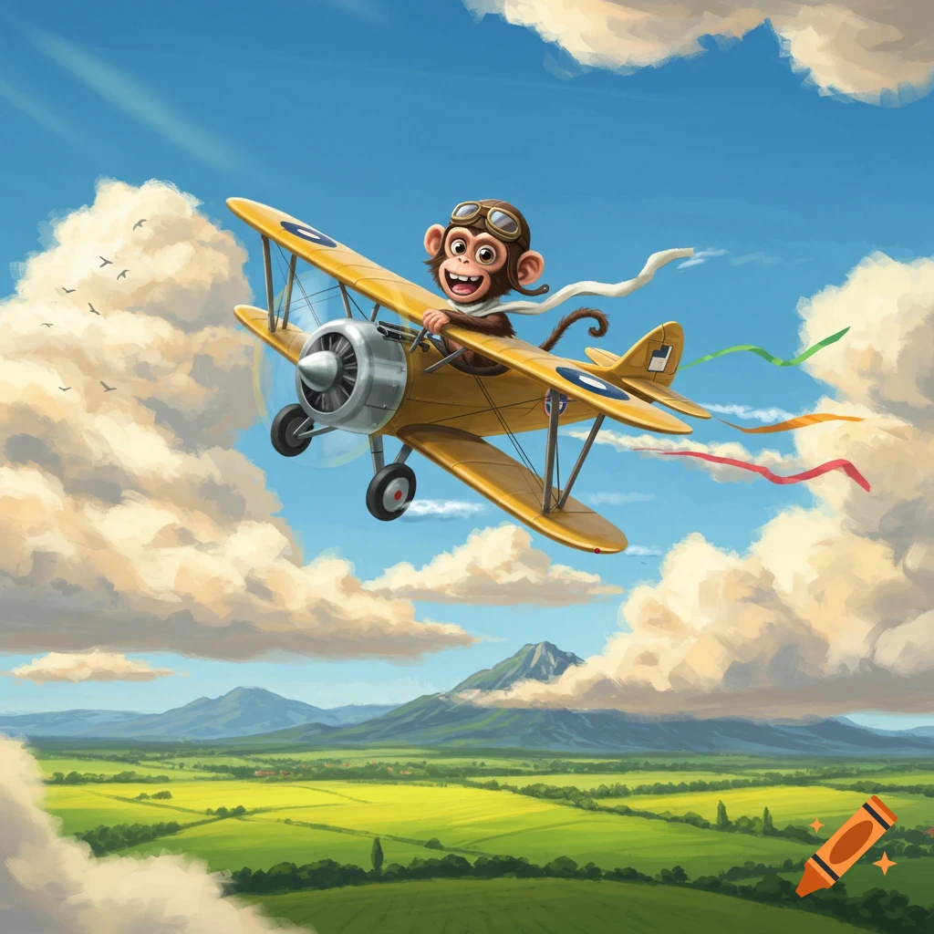 A cheerful cartoon monkey wearing goggles and a scarf flies a yellow biplane through a sunny blue sky with clouds over green fields and mountains.