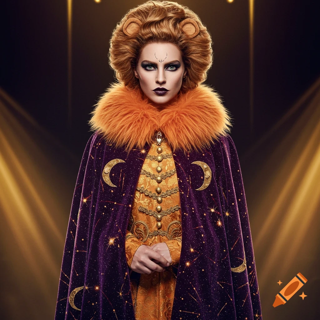 A regal figure with a lion's mane hairstyle wears an ornate purple, star-patterned cape and gold costume, under spotlights.