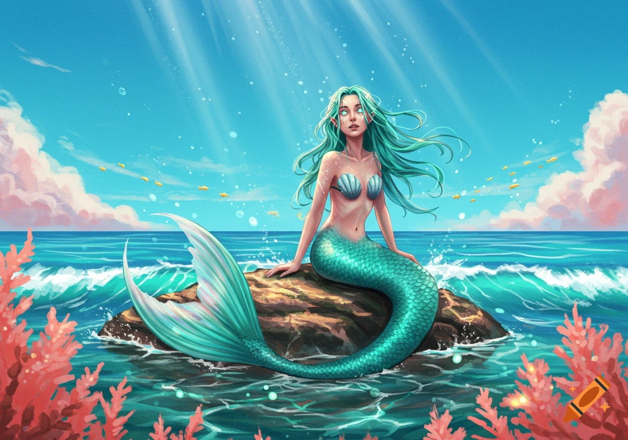 A vibrant illustration of a teal-haired mermaid with glowing eyes sitting on a rock in the ocean under a clear sky.