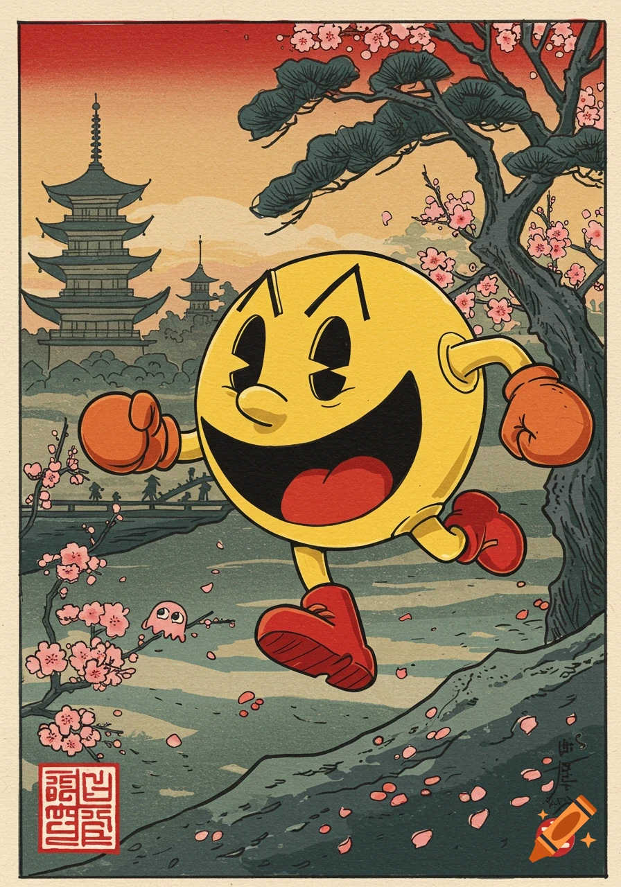 Pac-Man running through a scenic Japanese landscape with pagodas and cherry blossoms, in an ukiyoe woodblock print style.