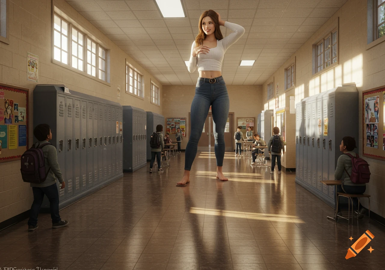 A photorealistic image of a giant young woman standing barefoot in the center of a school hallway, towering over several small students and lockers. Sunlight streams through windows on the right.