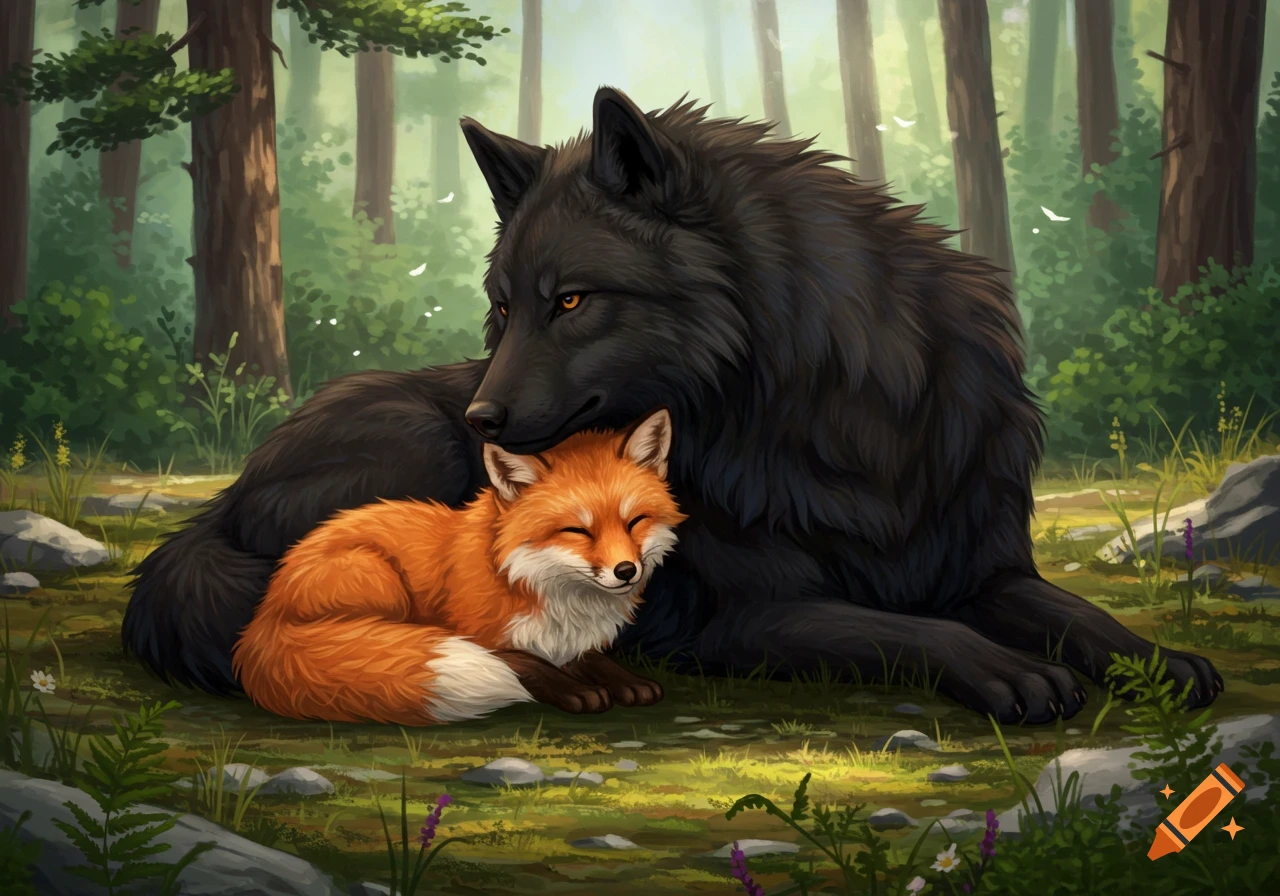 A small orange fox with closed eyes cuddles against a large black wolf in a sun-dappled forest.