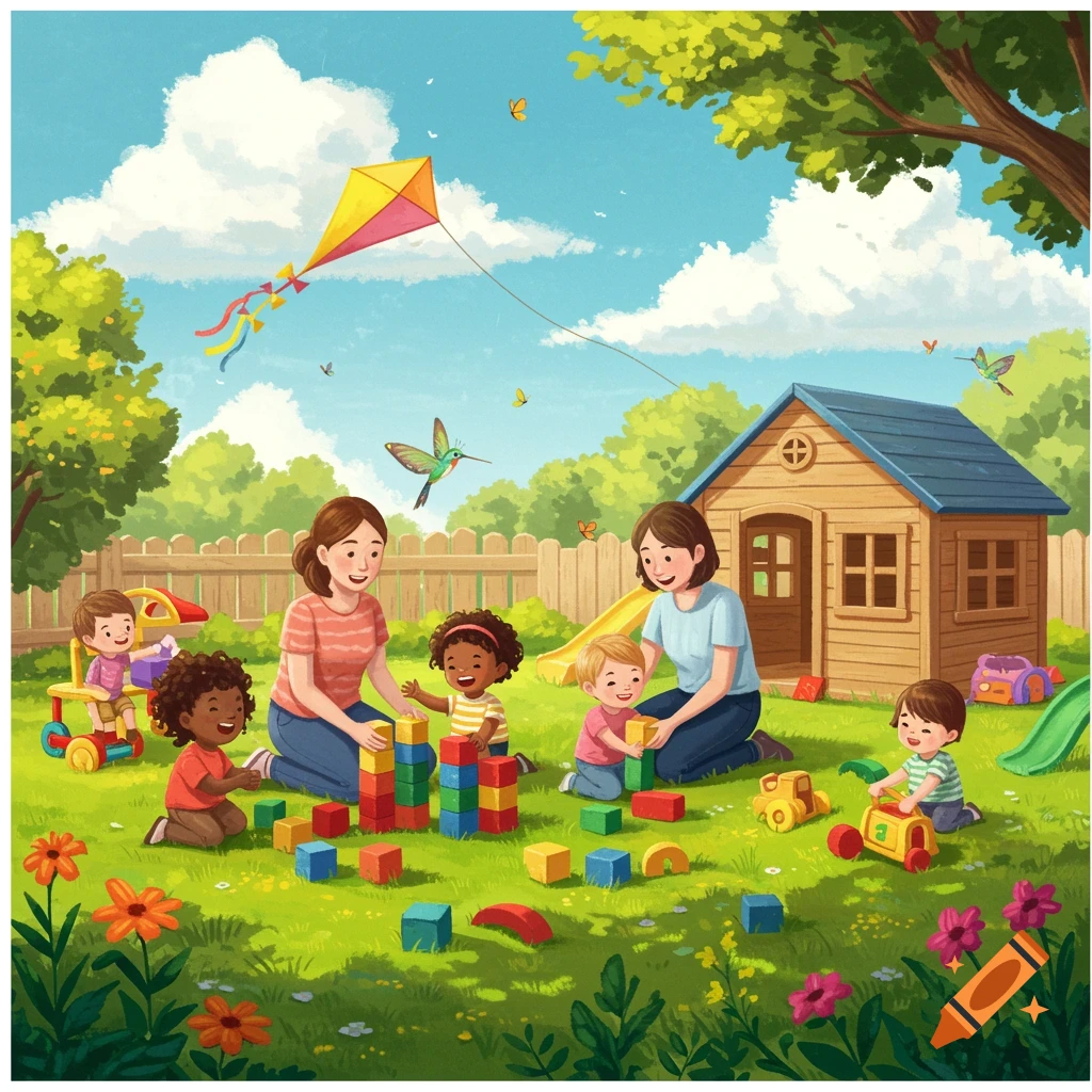 An illustration of children and adults playing with colorful blocks and toys in a sunny backyard with a playhouse and a kite.