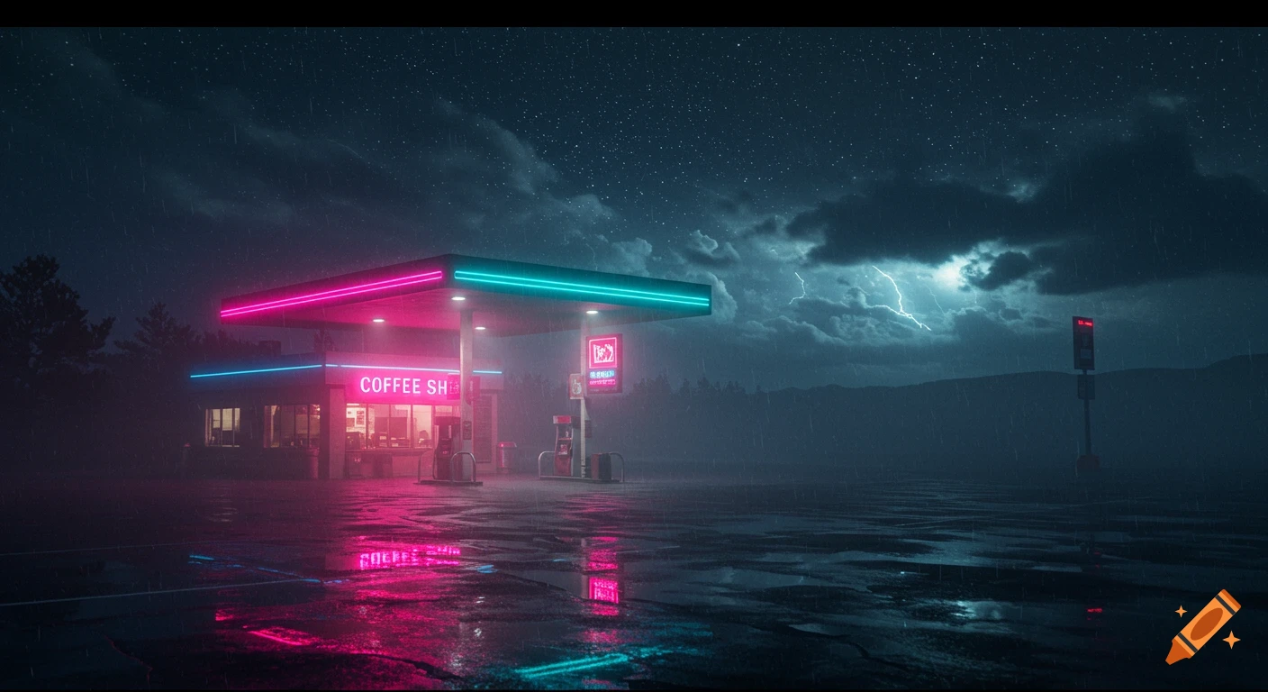 A lonely gas station and coffee shop at night under a starry, stormy sky with neon lights reflecting on wet asphalt.