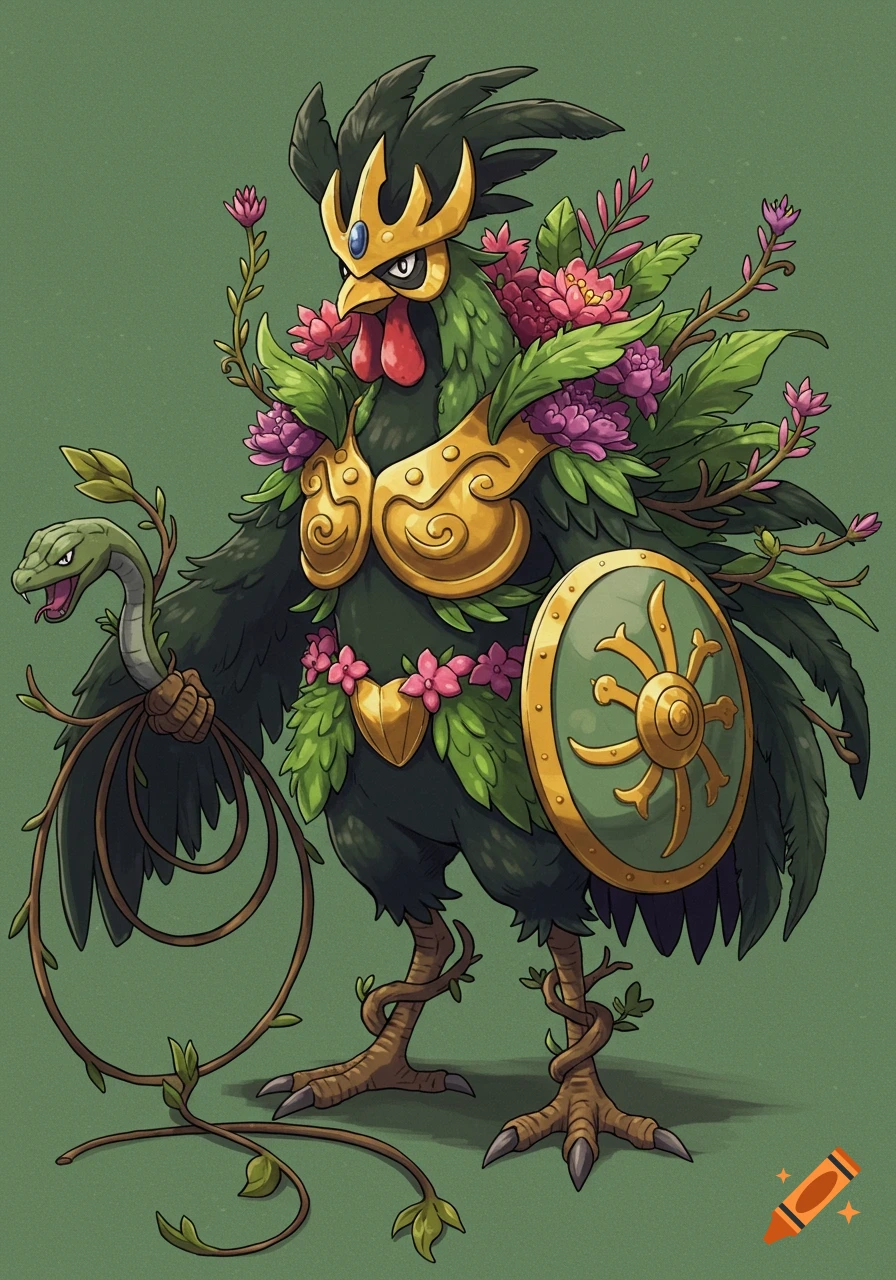 A dark green, rooster-like fantasy creature with gold armor, pink flowers, a snake whip, and a shield in a cartoon style.