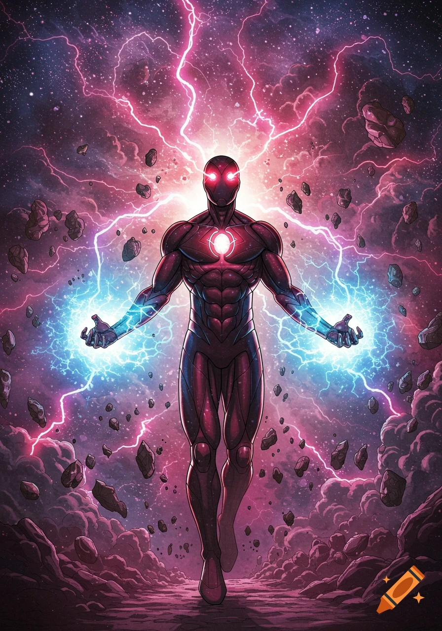 A muscular superhero with glowing red eyes and hands stands in a cosmic landscape with purple lightning and floating rocks, in a comic book style.