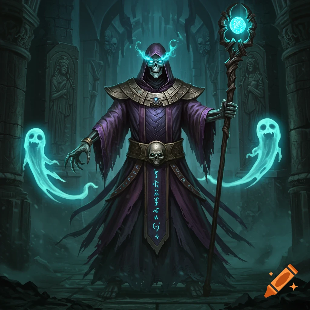 A skeletal undead priest in purple robes with glowing blue eyes, holding a glowing staff, with two blue ghosts floating beside him in a dark, gothic chamber.