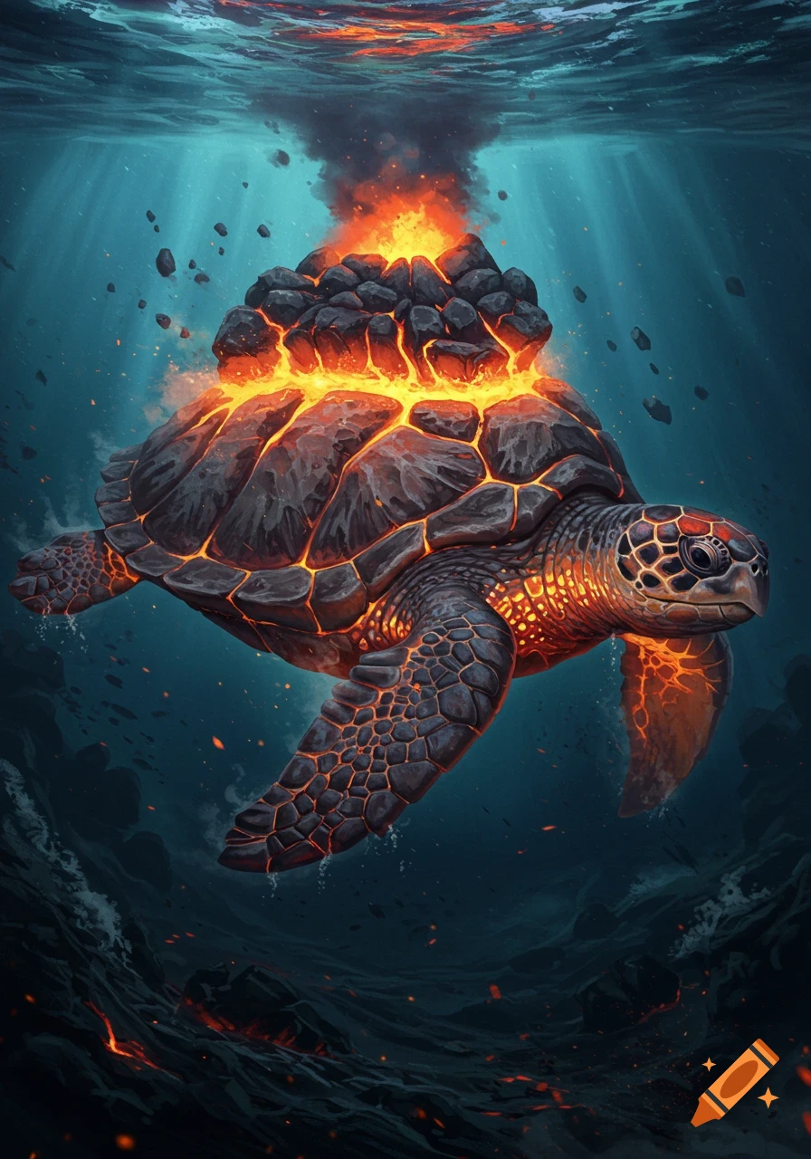 A majestic sea turtle with a shell made of glowing lava and dark rocks swims in a deep blue underwater scene with scattered embers.