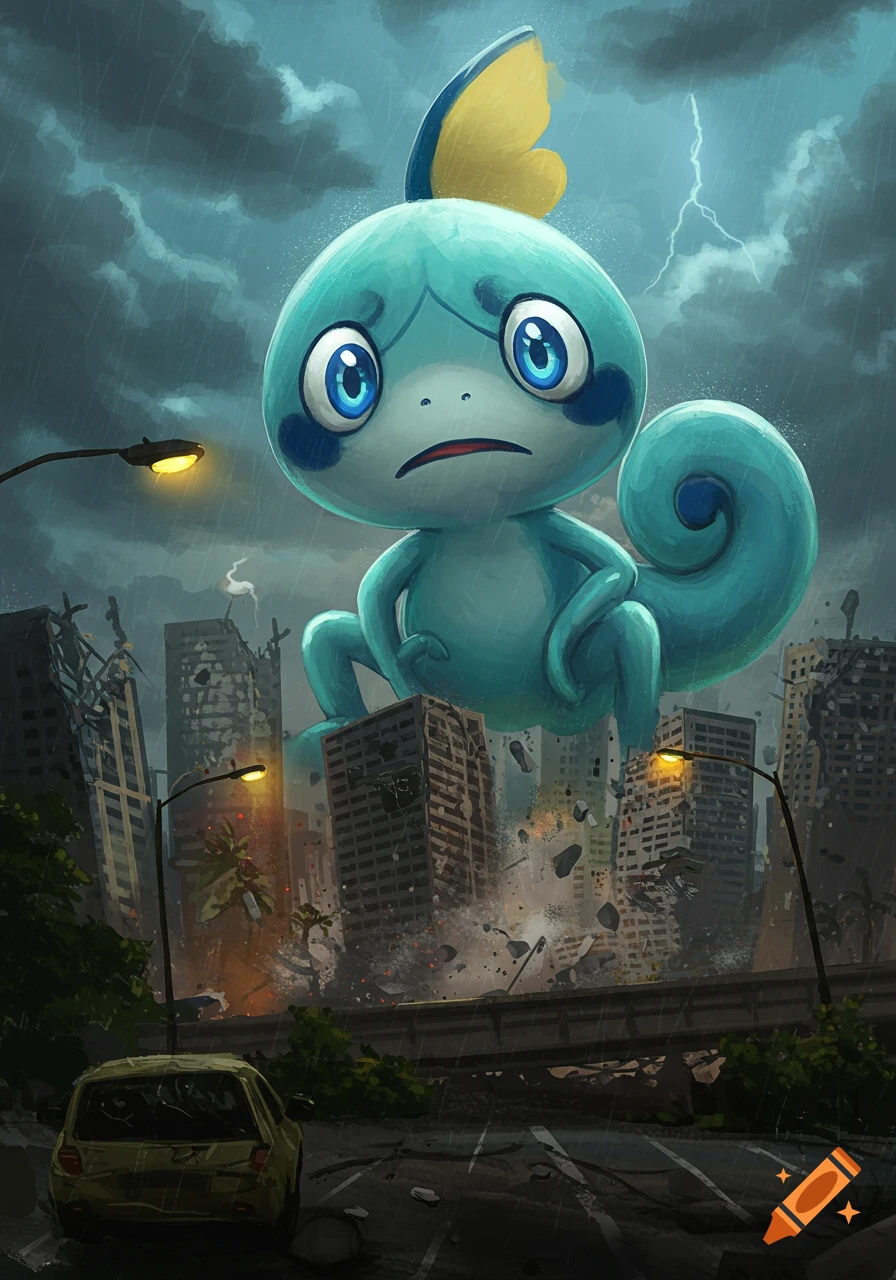 A giant, sad Sobble standing amidst a destroyed city under a stormy, rainy sky. Digital illustration.