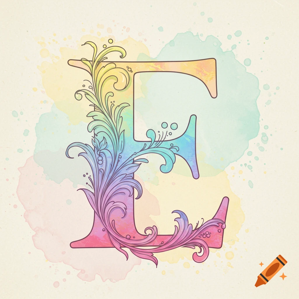 Decorated letter E with floral flourishes in pastel watercolor, featuring pink, purple, teal, and yellow.