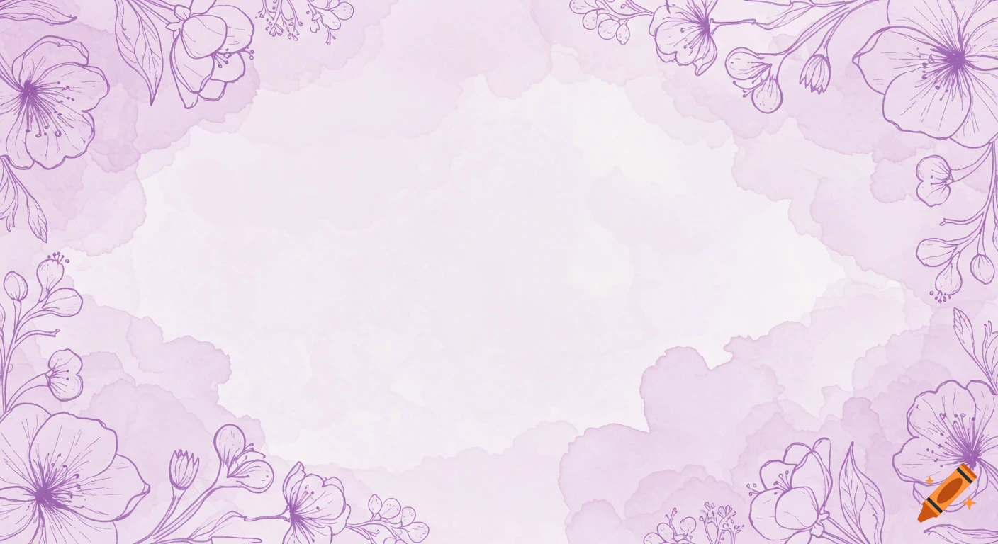 Light purple watercolor background with purple line art flowers bordering the edges.