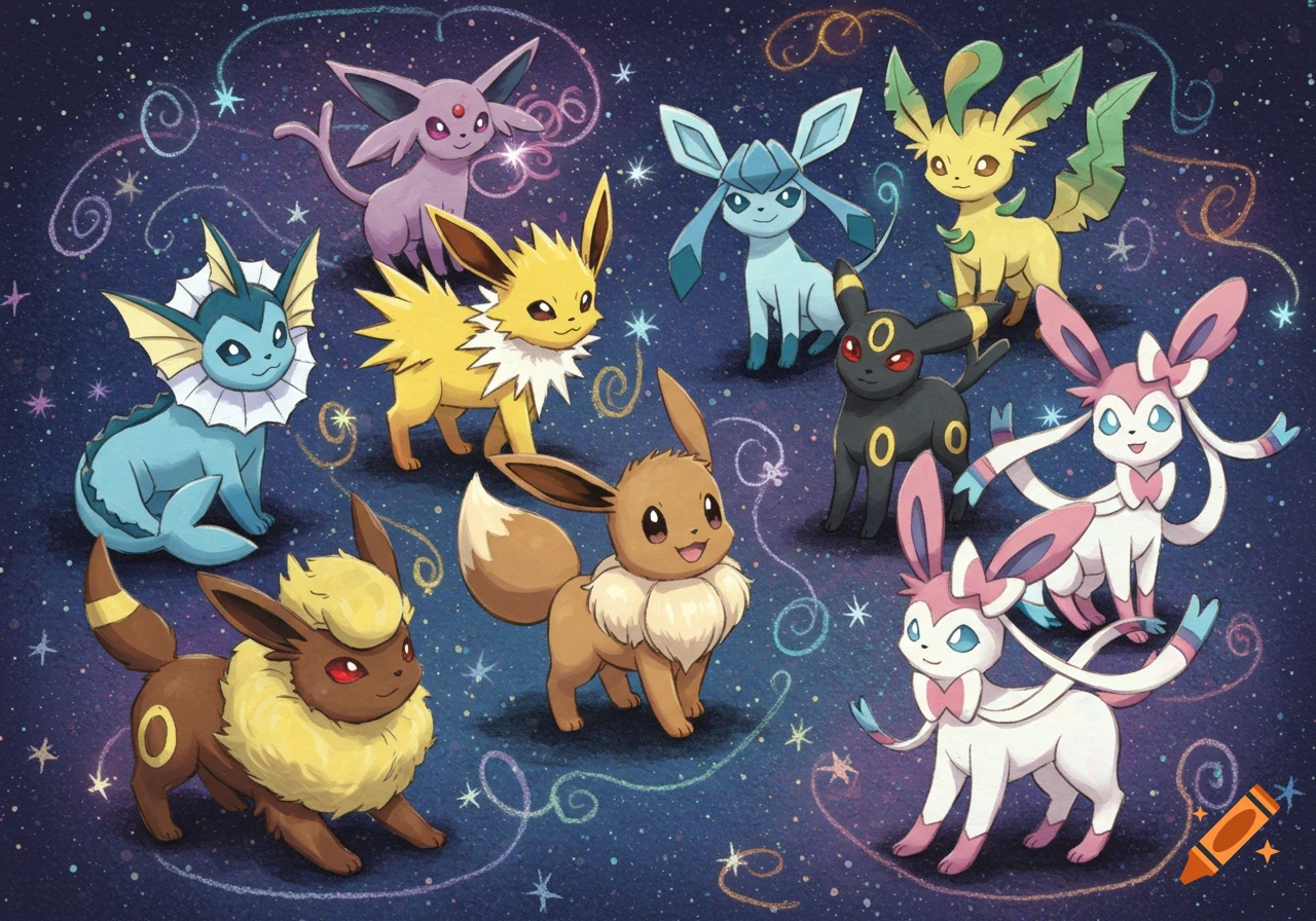 Nine Eeveelutions, including Eevee, Vaporeon, and Sylveon, float in a vibrant cosmic starry night sky.