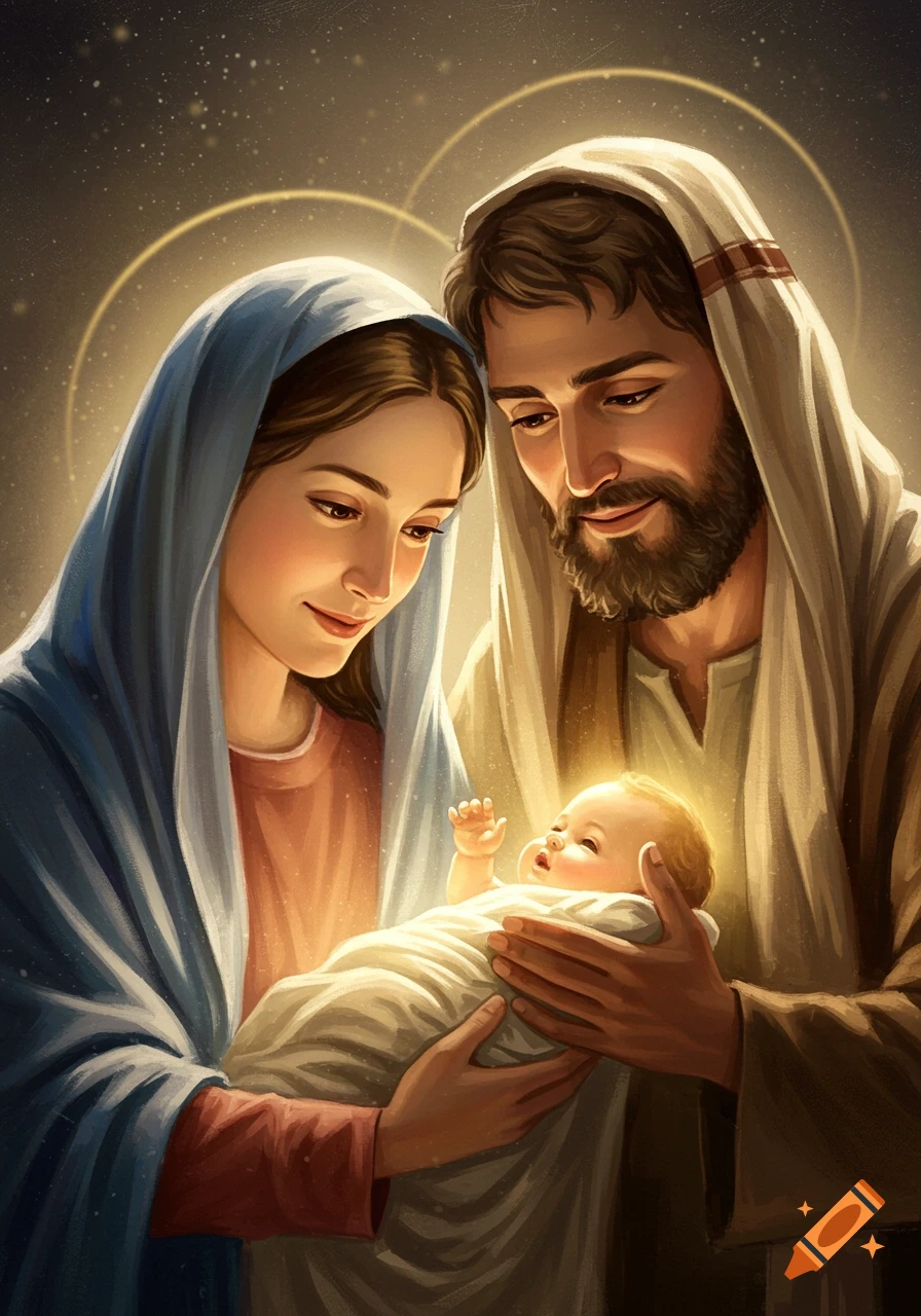 Mary and Joseph gaze lovingly at the glowing baby Jesus in a warm, illustrative style.
