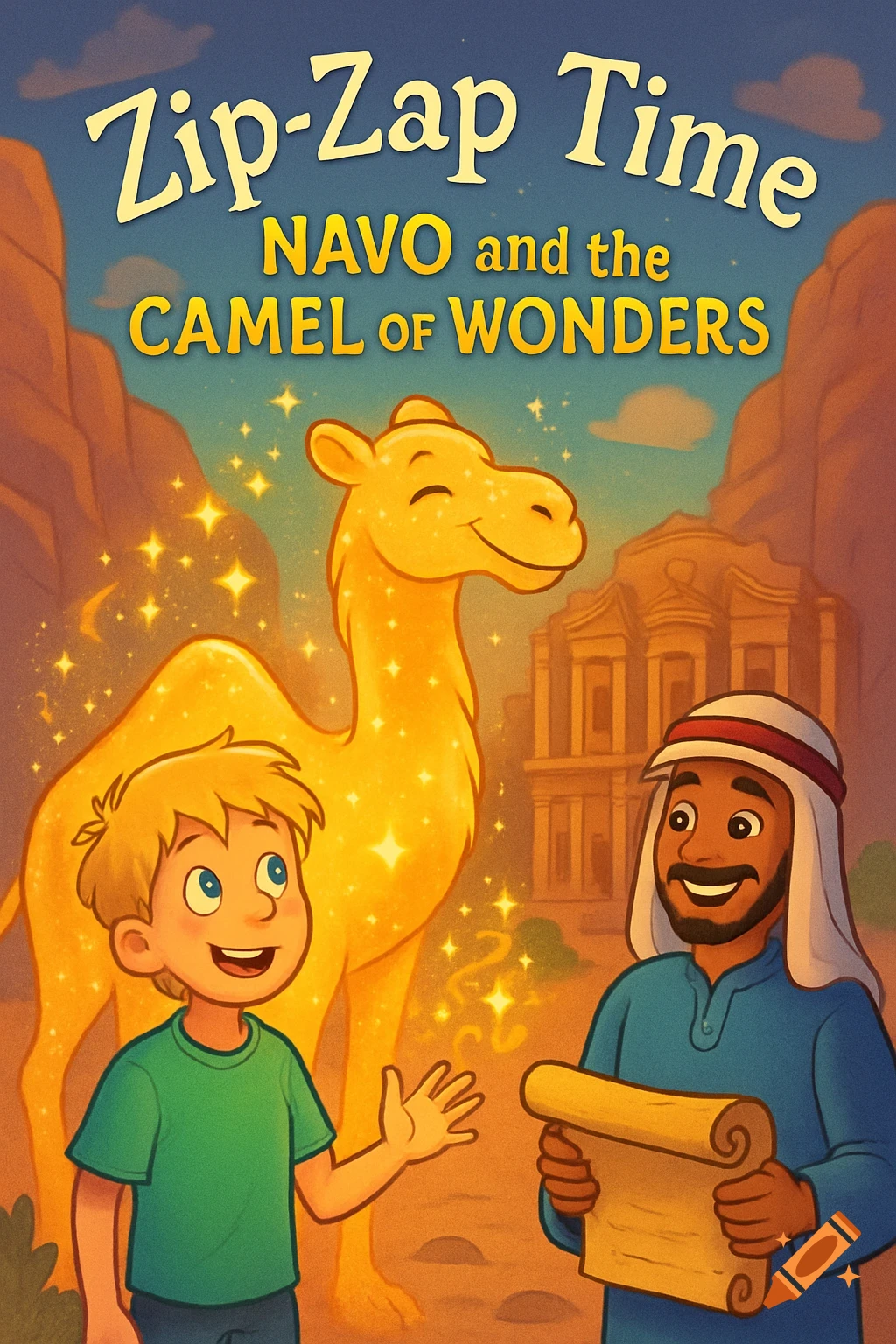 Cartoon children's book cover with a boy, a man holding a scroll, and a sparkling golden camel in a desert, with ancient ruins in the background. Title: Zip-Zap Time.