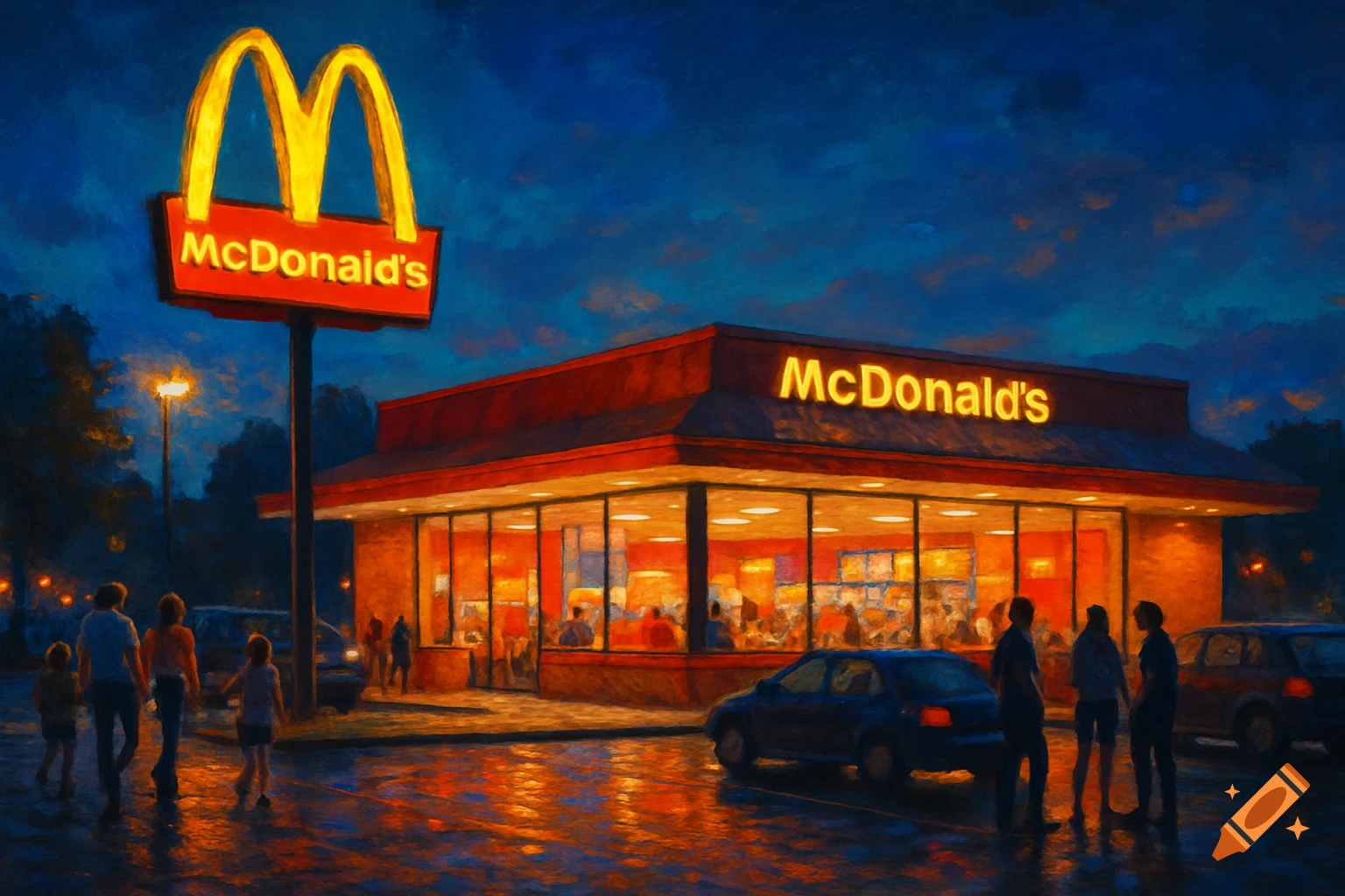 A painting of a brightly lit McDonald's restaurant at night with a prominent golden arches sign, cars, and people outside.