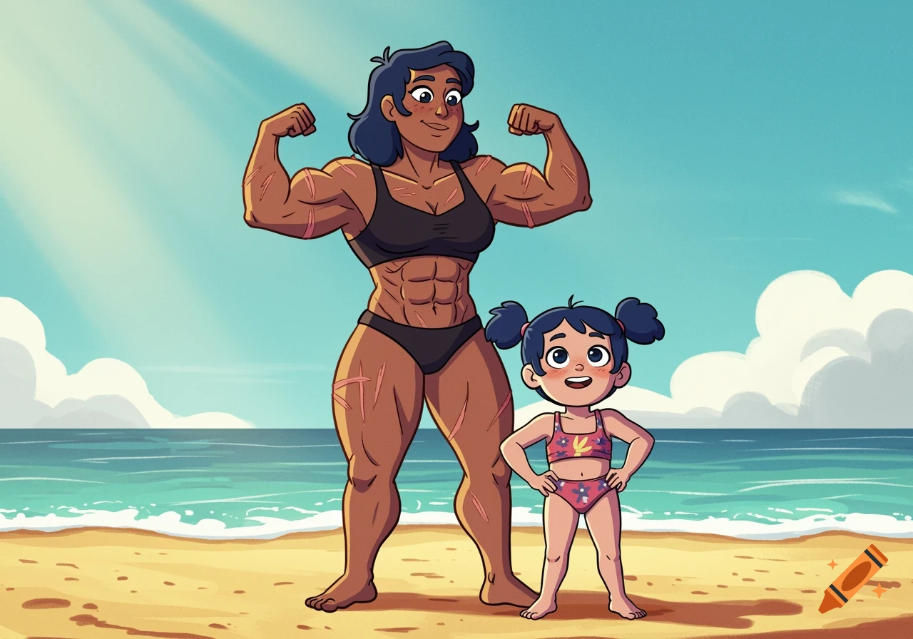 A muscular cartoon woman with scars flexes beside a small child on a sunny beach.