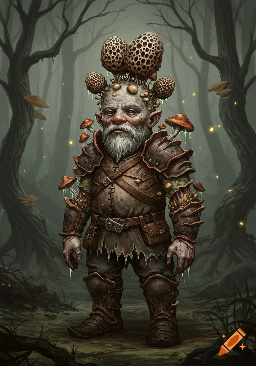 A grim gnome with a white beard, covered in grotesque mushrooms and dripping ooze, stands in a dark, misty forest.