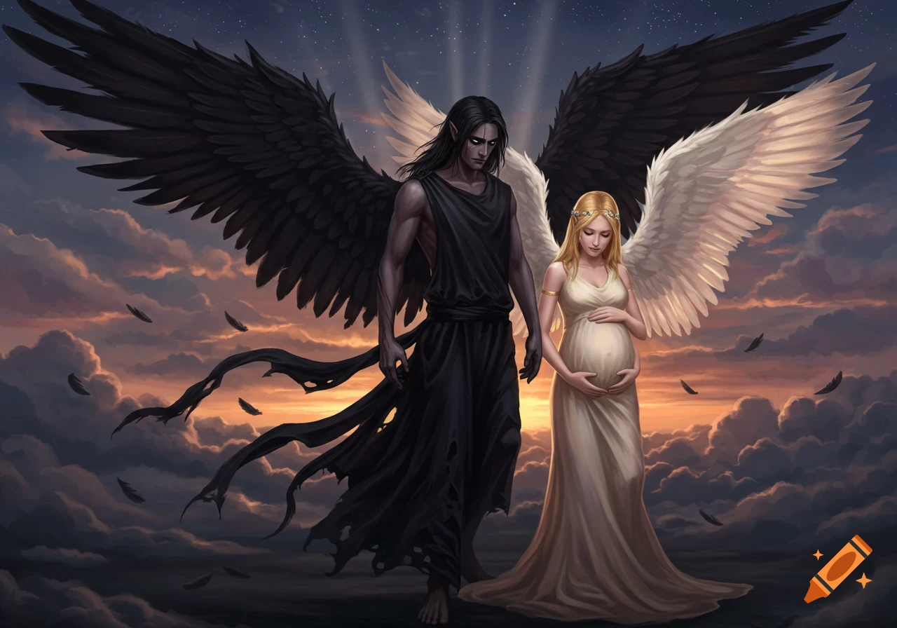 A dark-winged male fallen angel and a pregnant white-winged female angel stand against a dramatic sunset sky.