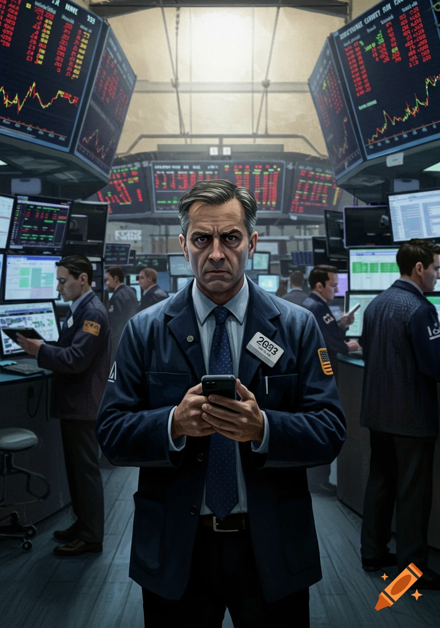An anxious stock market trader holding a phone in a busy trading room with multiple monitors displaying data.