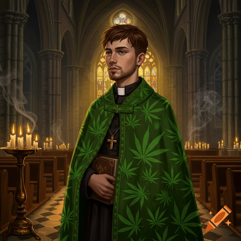 A young priest in a green cloak with marijuana leaves, a clerical collar, and a gold cross, stands in a dimly lit church with candles and stained glass.