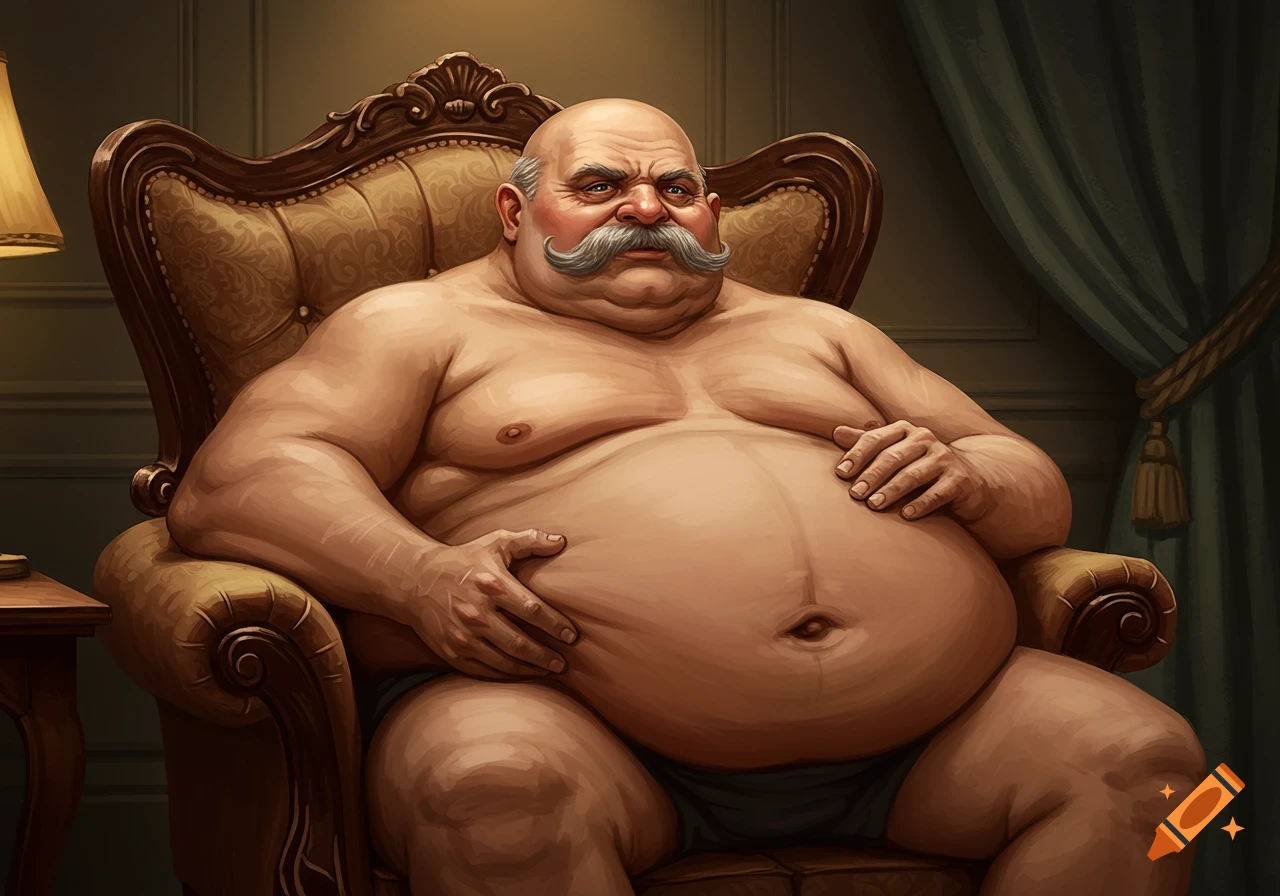 An illustration of a bald, enormously fat old man with a large silver mustache sitting in an ornate armchair, massaging his belly.