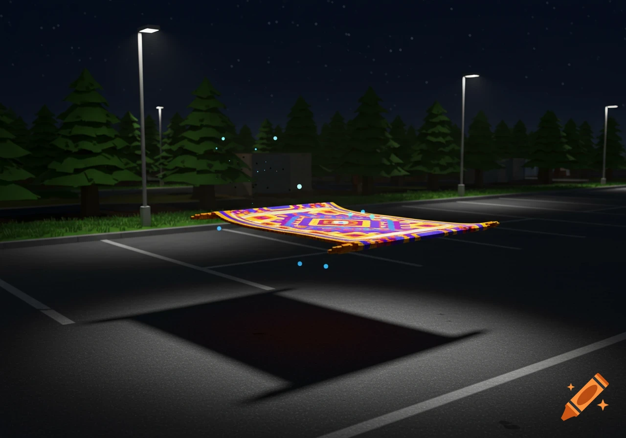 A colorful flying carpet hovers above an empty parking lot at night, illuminated by streetlights, in a Roblox-like art style.