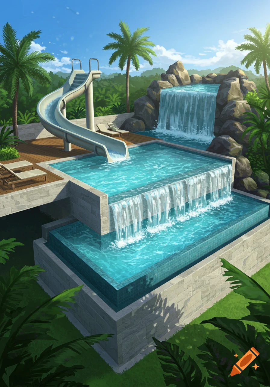 An illustrated infinity pool cascades into a second pool with a waterslide, surrounded by tropical foliage and a rock waterfall under a blue sky.