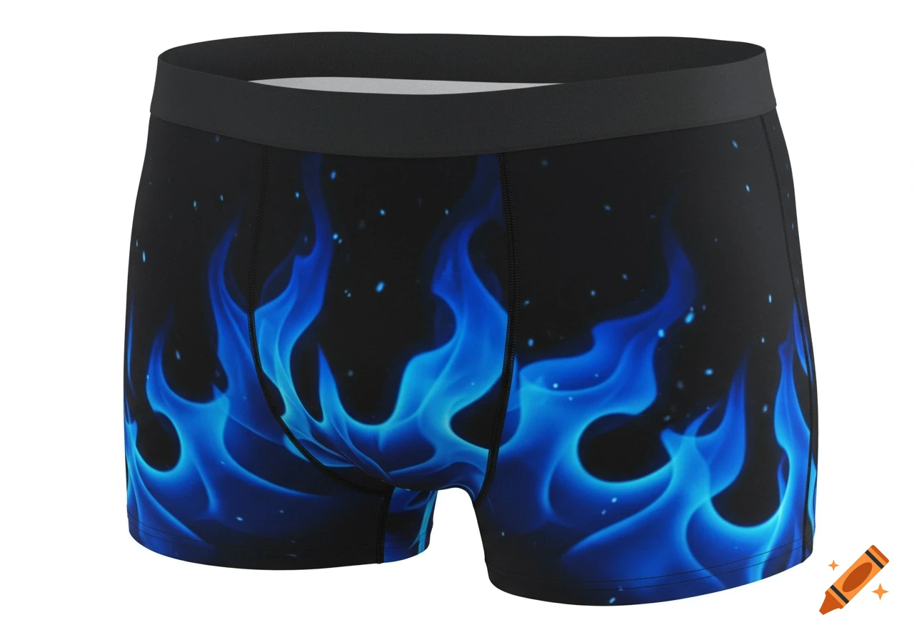 Black boxer briefs with a vibrant blue flame pattern against a white background.
