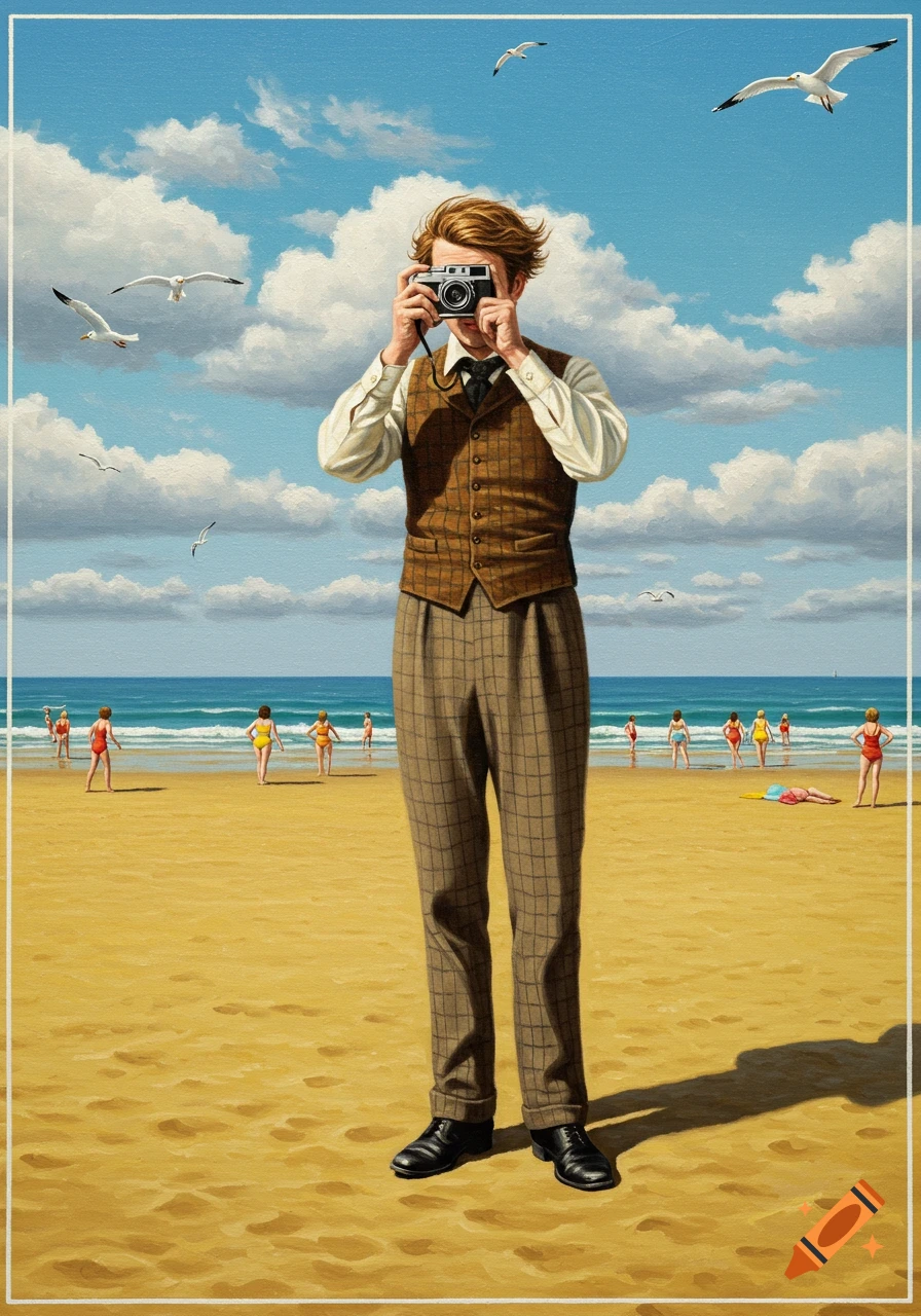 A man in a vest and plaid pants photographs the viewer on a beach with people, ocean, and seagulls in a classic painting style.