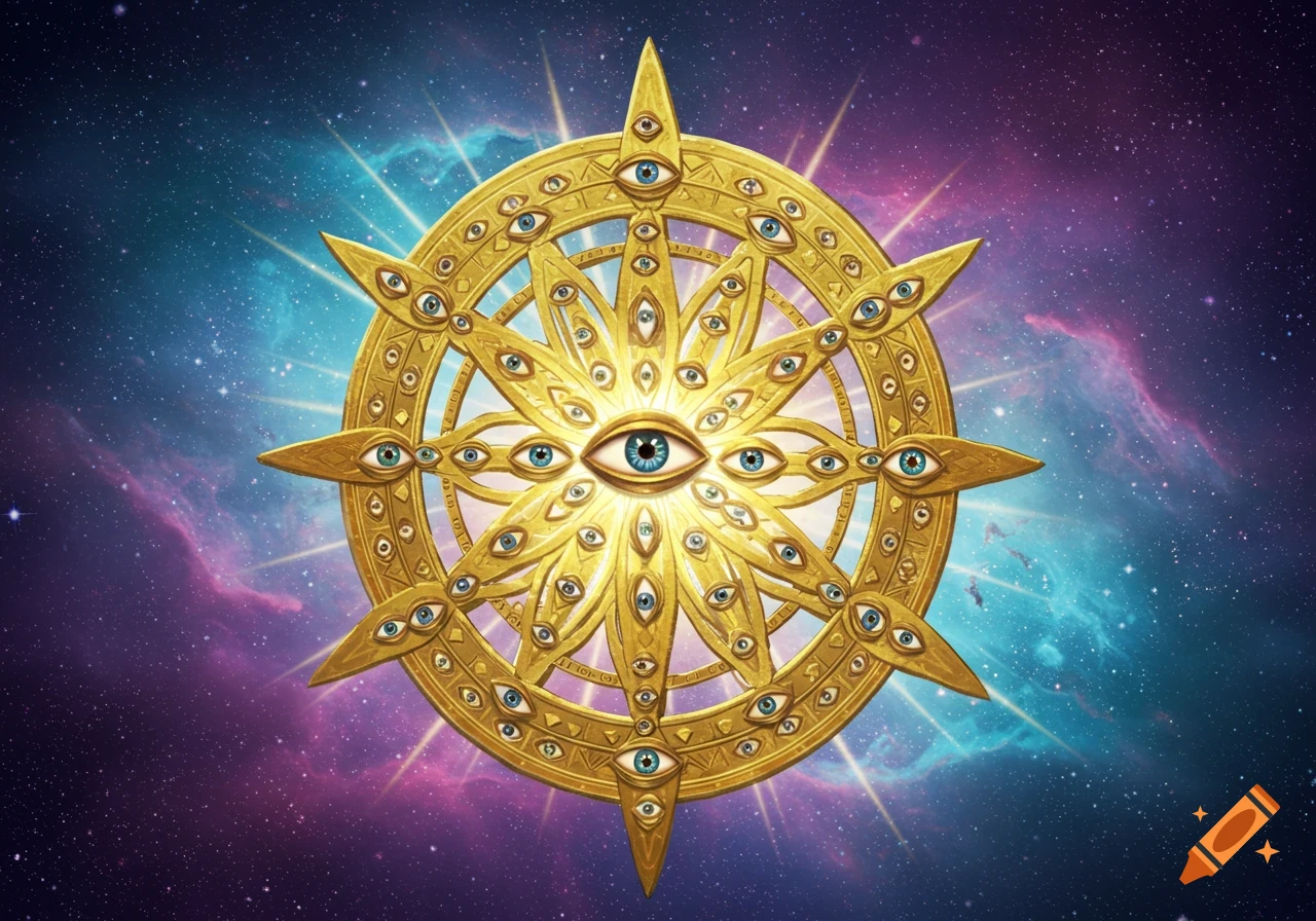A vibrant golden wheel-like celestial being, covered in numerous blue eyes, radiates light against a colorful cosmic background of stars and nebulae.