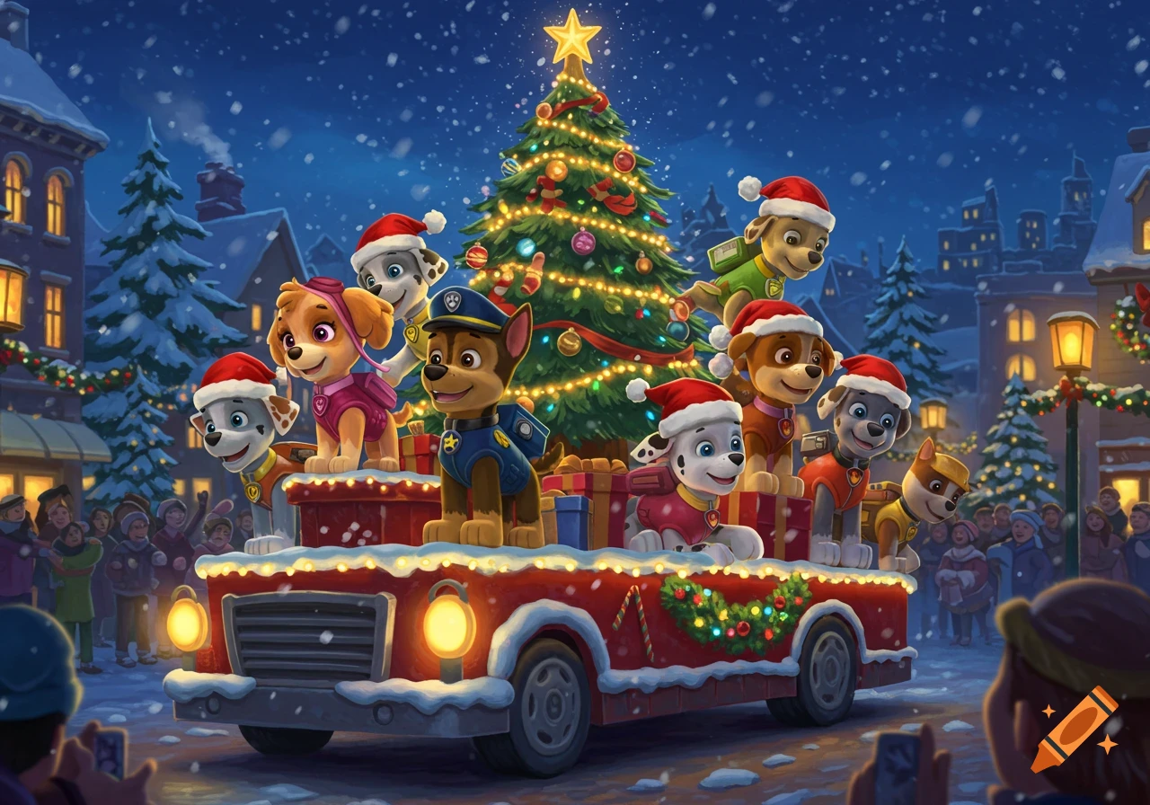 Paw Patrol characters on a Christmas parade float under a snowy night sky with a brightly lit Christmas tree.