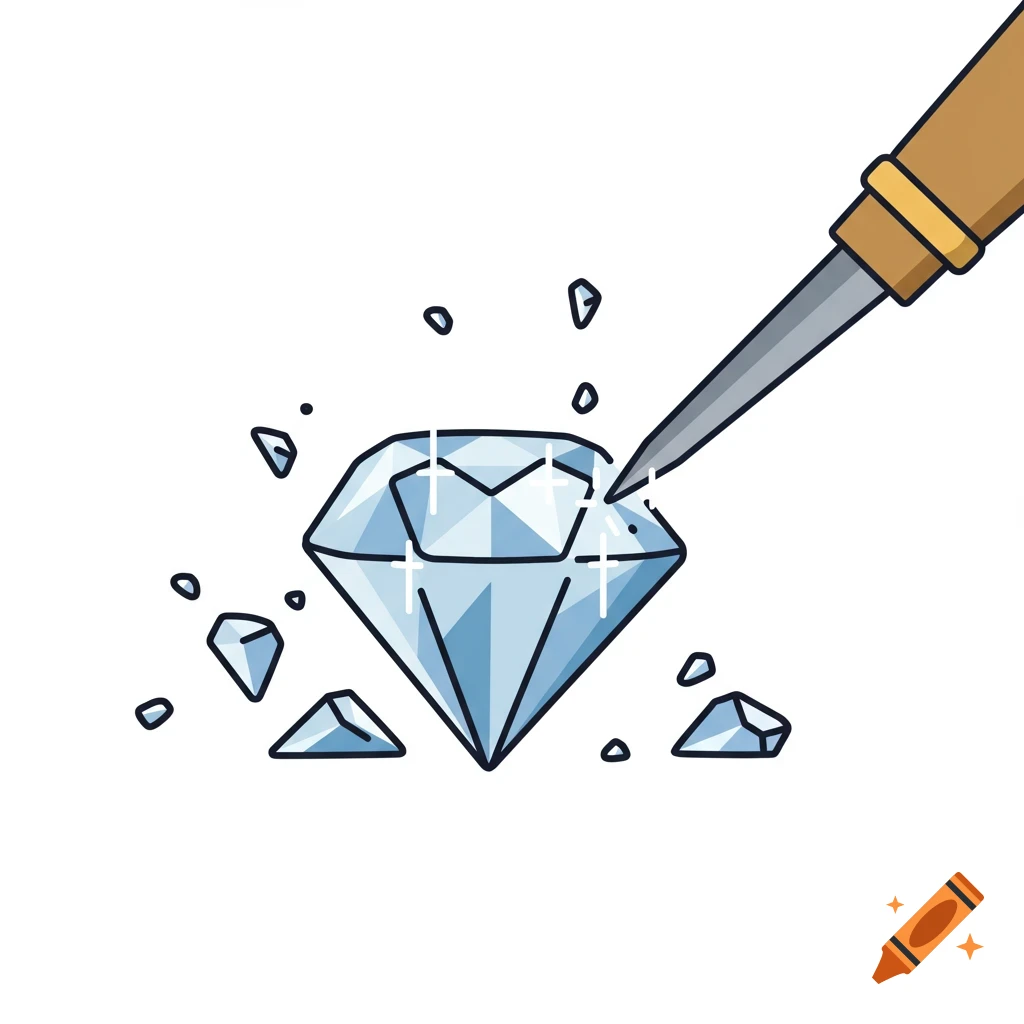 Stylized illustration of a blue diamond being chiseled by a tool, with small fragments scattering around it on a white background.