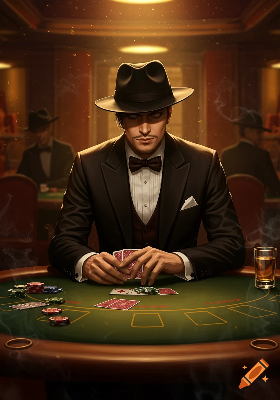 A man in a fedora and suit plays poker at a dimly lit table, holding cards and surrounded by chips and a drink. Stylized digital painting.