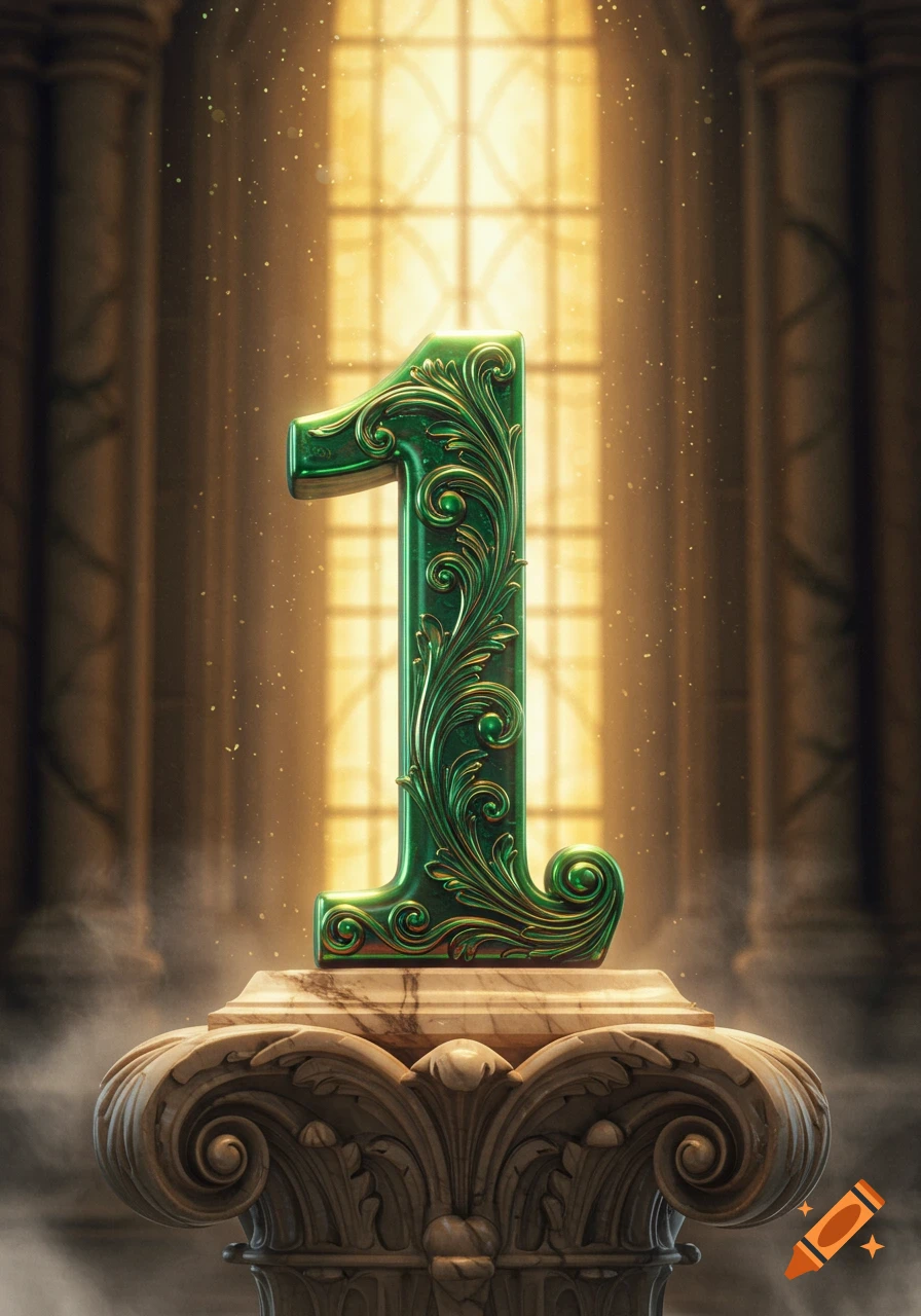 A detailed, ornate green number one on a marble pedestal, illuminated by golden light from a large window.