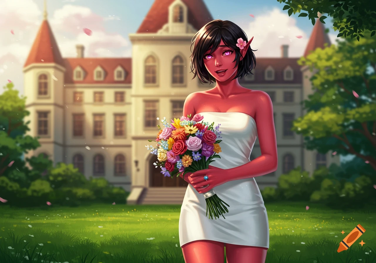 A shy, red-skinned female elf with black hair and pink eyes in a white dress holds a flower bouquet in front of a manor. Fantasy art.