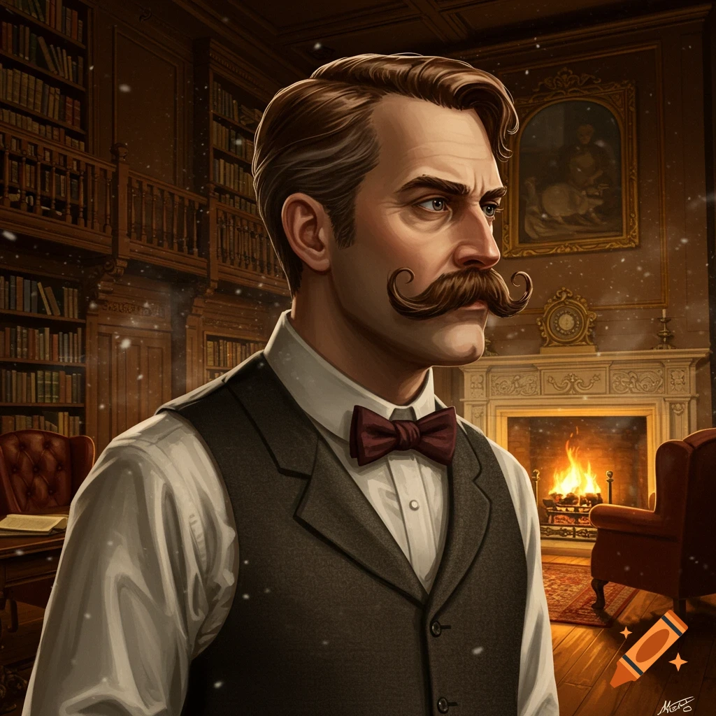 Detailed illustration of a man with a handlebar mustache in a library with a fireplace.