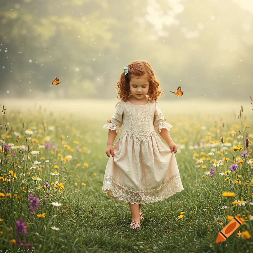 A young girl with curly red hair walks through a sunlit field filled with wildflowers and butterflies.