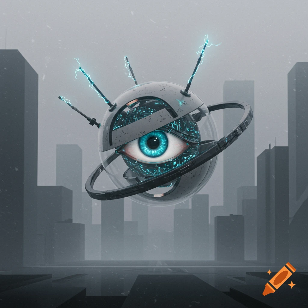 A metallic robotic eye with a glowing blue iris and visible circuits floats in a misty, dark cityscape with tall buildings.