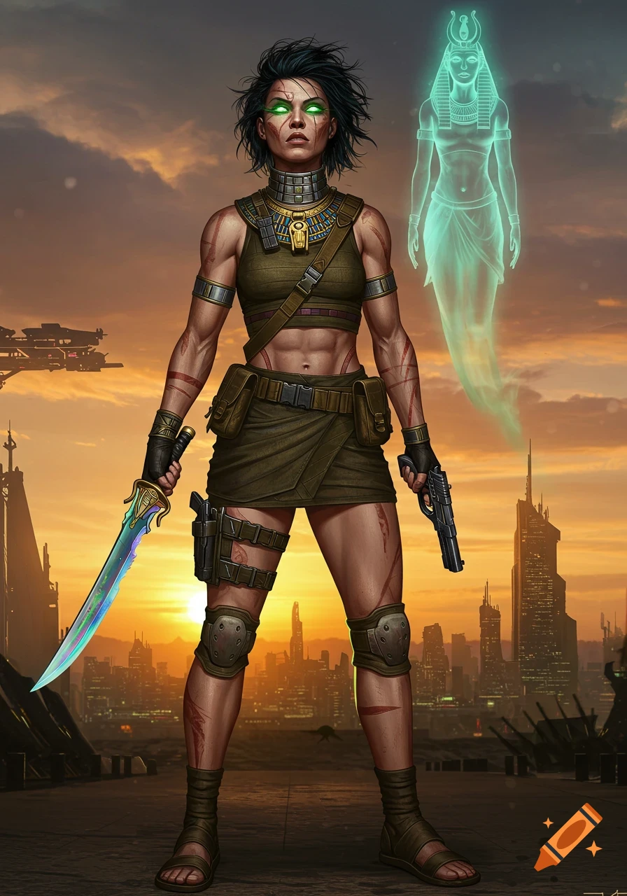 A muscular woman with glowing green eyes and dark hair, dressed in tactical gear, holds a sci-fi katana and pistol. A ghostly figure of an Egyptian goddess floats beside her in a futuristic city at sunset.