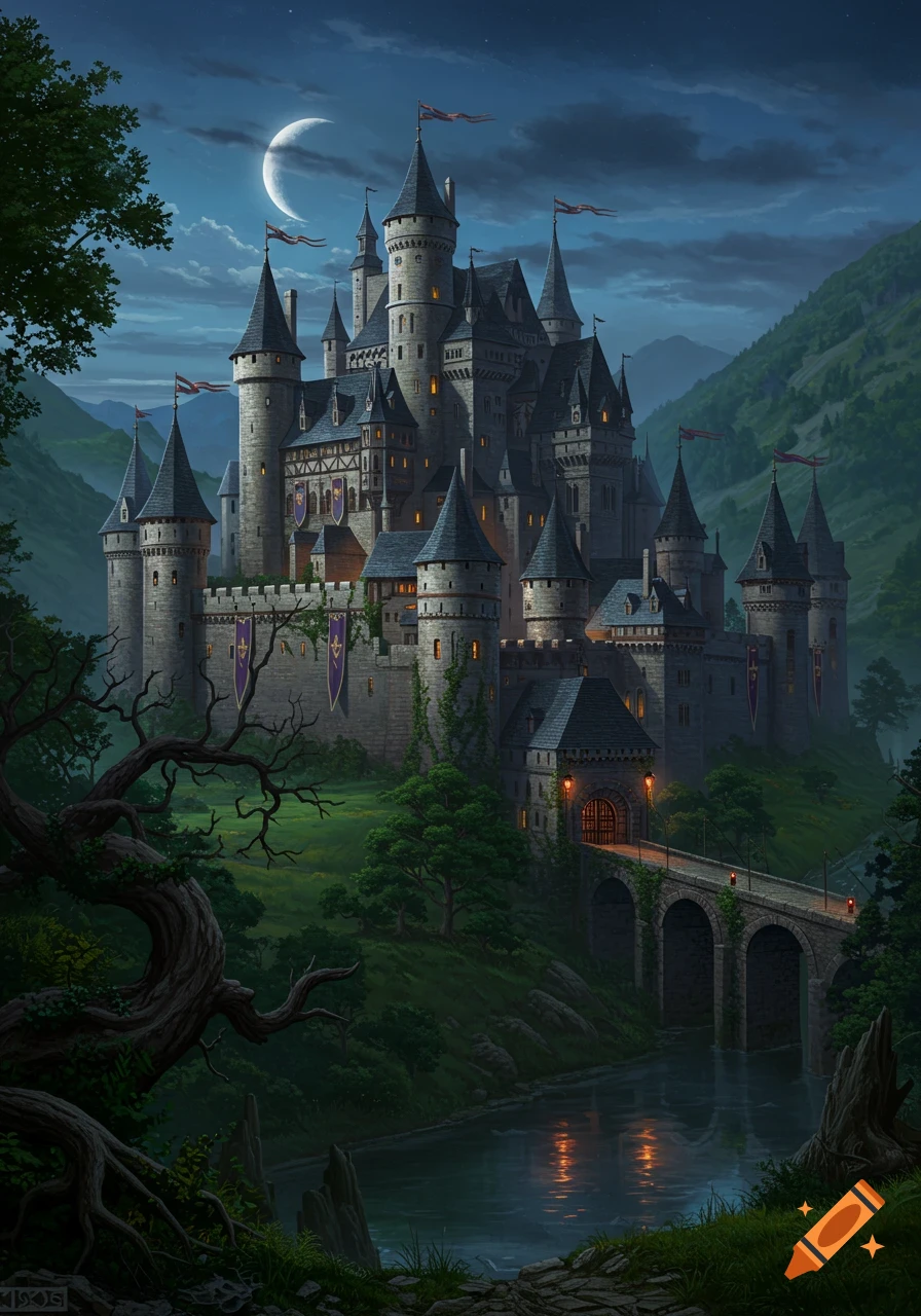 A grand medieval castle with many spires and towers, illuminated by a crescent moon and warm lights, situated by a river in a lush valley at night.