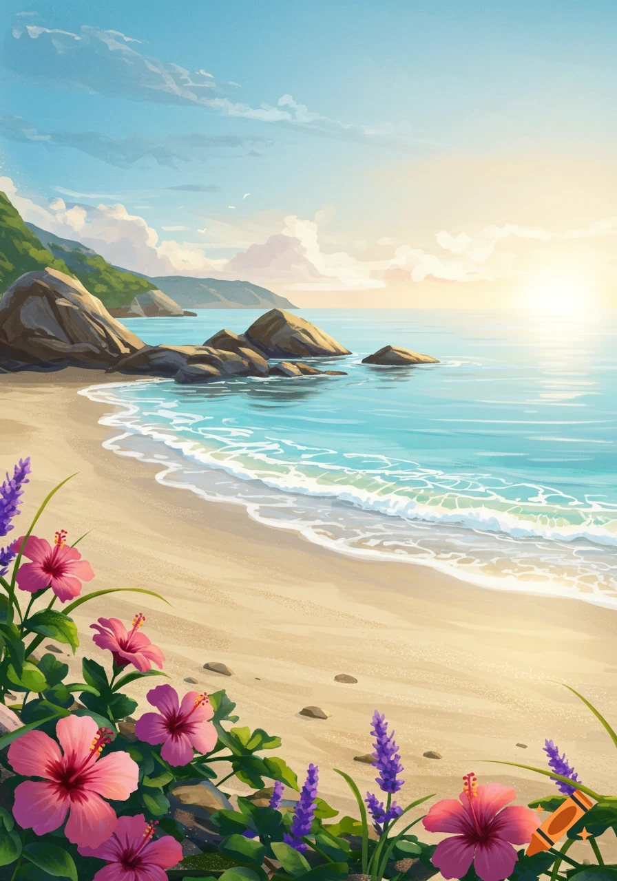 Painted beach scene with calm turquoise ocean, rocks, green hills, and vibrant pink and purple flowers in the foreground.