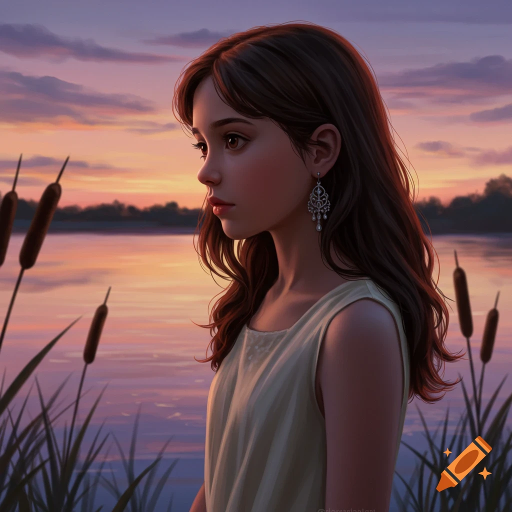 Digital painting of a girl with brown hair and earrings looking left, standing by a lake with cattails at sunset.