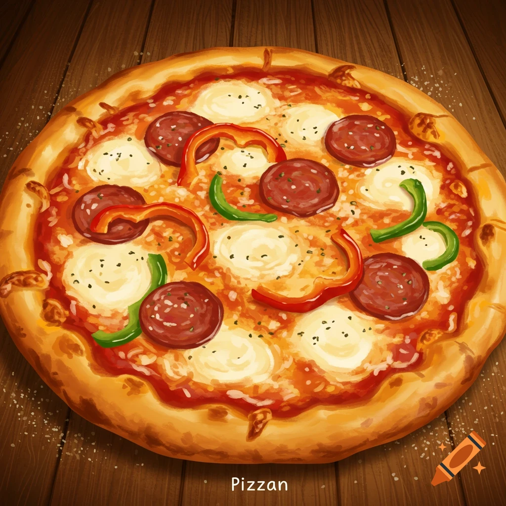 An illustrative style image of a whole pizza with pepperoni, mozzarella, and green and red bell peppers on a wooden table.